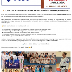 🥉 Le Judo Club Occitan obtient le Label Bronze de France Judo !